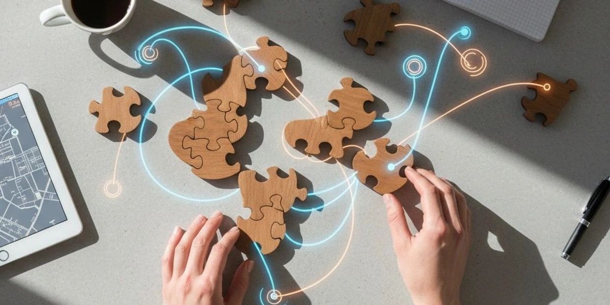 Overhead view of puzzle pieces and workspace representing strategic problem solving and collaboration